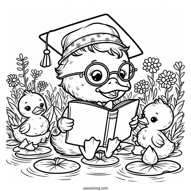 Smart Duck Reading by the Pond Coloring Page