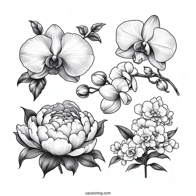 Flower Coloring Pages Of Classic White Peony, Orchid, Hydrangea, And Magnolia