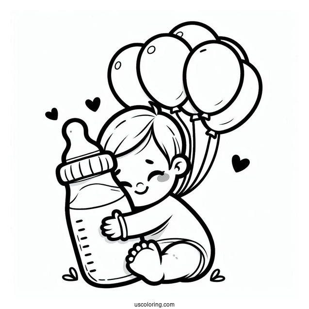 Baby Coloring Page Of Boy Embracing Large Milk Bottle With Balloons