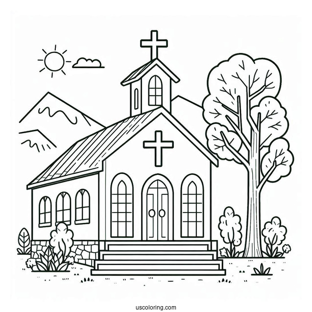 Easy Church Coloring Page Outline With A Cross For Preschoolers