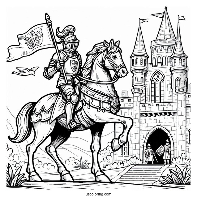Knight On A Horse Leaving Castle Coloring Sheet