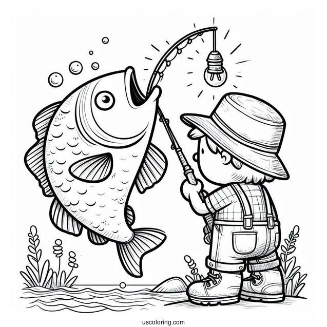 Fishing Coloring Page Of Cartoon Man Catching A Large Fish