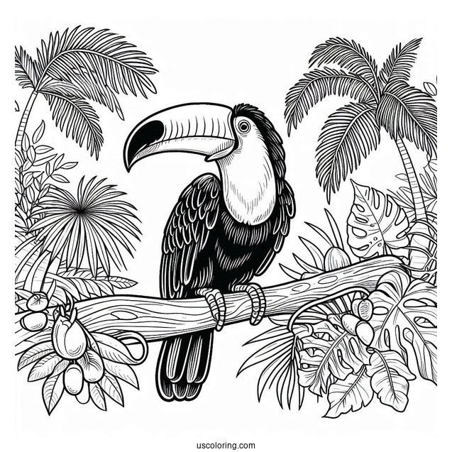 Realistic Toucan In The Jungle Coloring Page