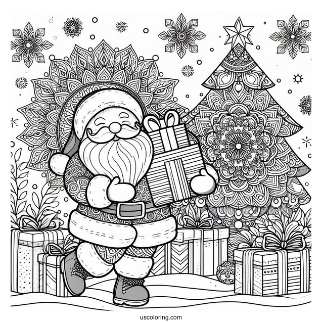 Santa Claus Carrying Presents Christmas Mandala Coloring Page For Kids