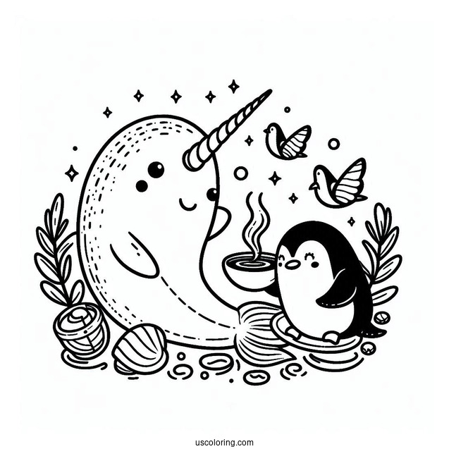 Narwhal Coloring Page Having Coffee With A Penguin
