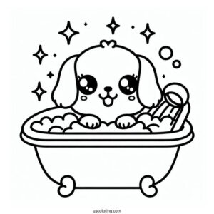 Kawaii Puppy In A Bathtub Coloring Sheet