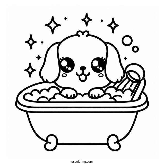 Kawaii Puppy In A Bathtub Coloring Sheet