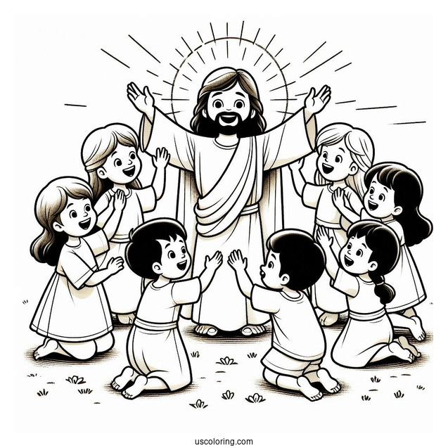 Cute Children Rejoicing Around Jesus Coloring Page