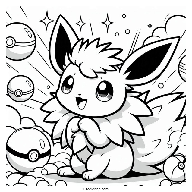 Cute Jolteon Coloring Page With Pokeballs In Background For Kids