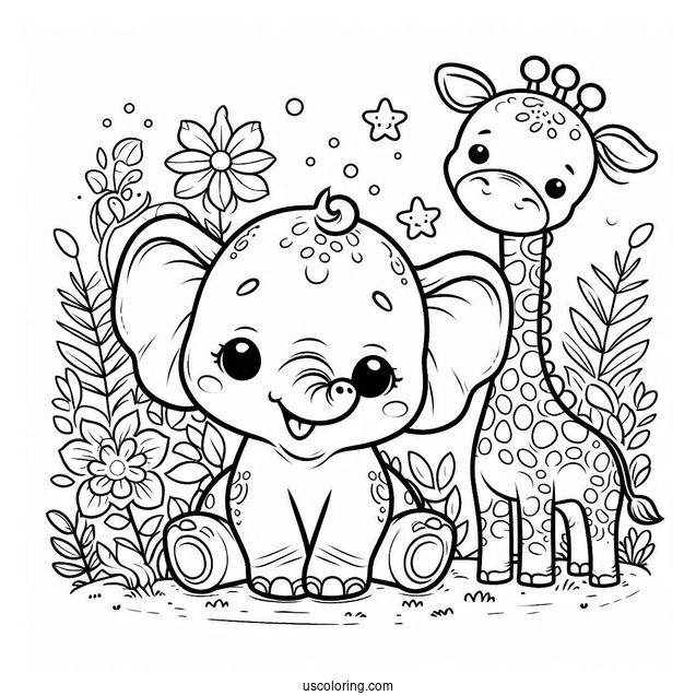 Cute Baby Elephant And Giraffe Coloring For Kids