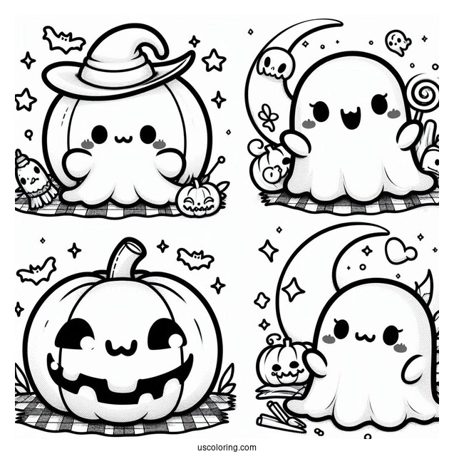 Kawaii Ghosts With Fangs Hanging Around A Jack O Lantern