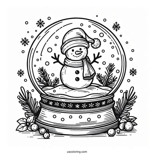 Snow Globe Coloring Page With A Snowman Wearing A Santa Hat