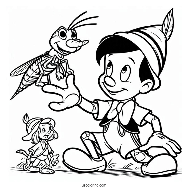 Pinocchio Coloring Page Holding Up Jiminy Cricket On His Elbow