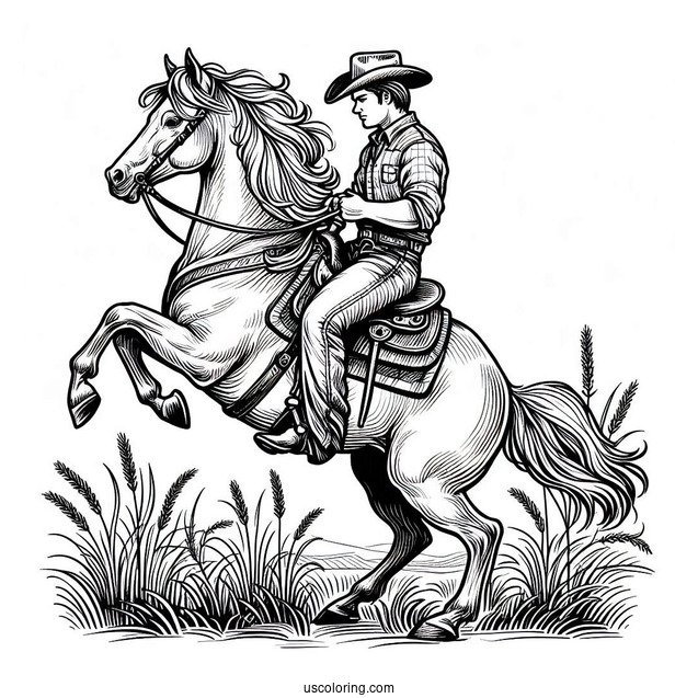 Cowboy Coloring Page Rearing A Horse