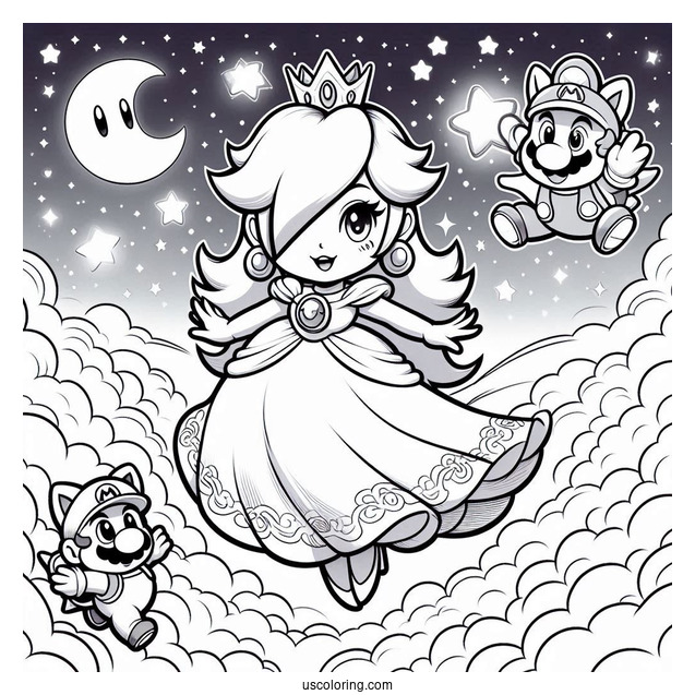 Rosalina Flying In The Sky With Luma, Mario, And Star Fox Coloring Sheet
