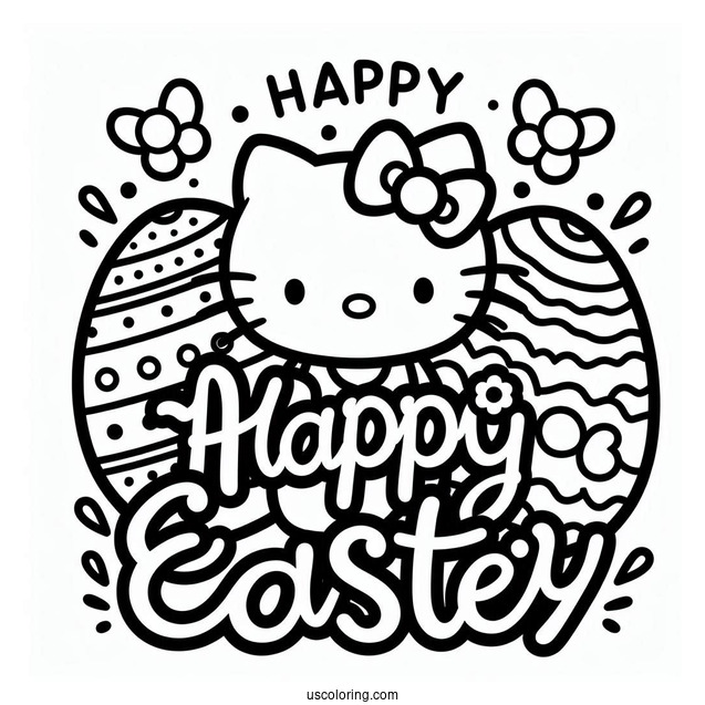 Happy Easter Word Over Hello Kitty And Easter Coloring Page Of Egg For Preschoolers