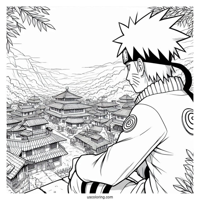 Hokage Naruto Coloring Page Overlooking Hidden Leaf Village