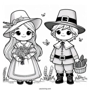 Adorable Girl And Boy Pilgrim Coloring Page