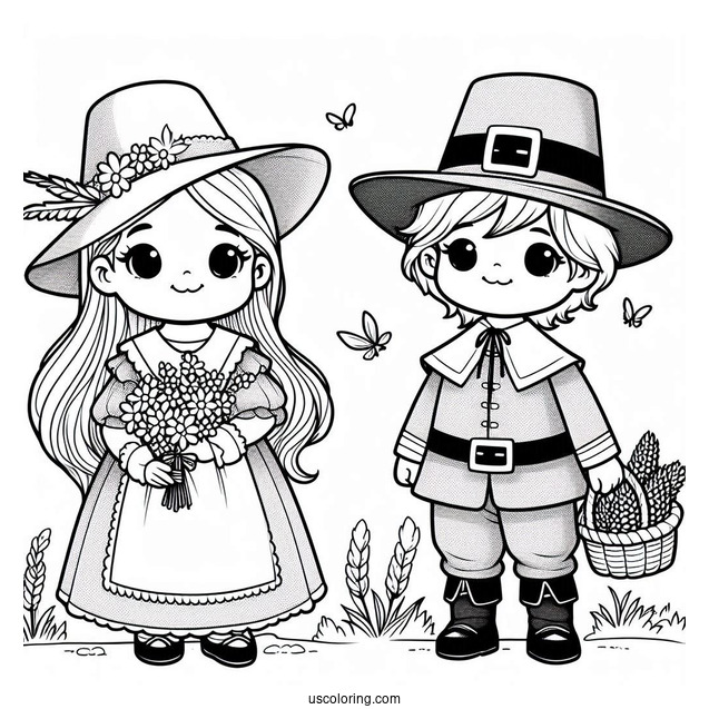Adorable Girl And Boy Pilgrim Coloring Page