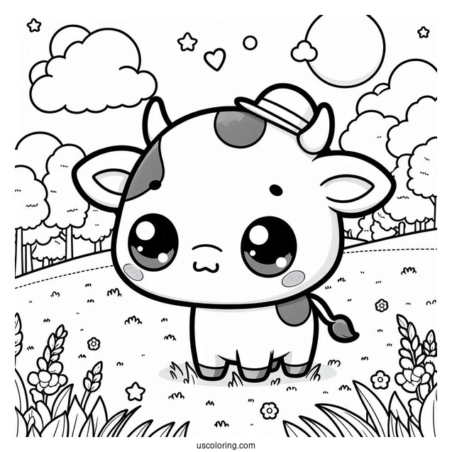 Cute Coloring Page Of Chibi Cow In A Field For Preschoolers