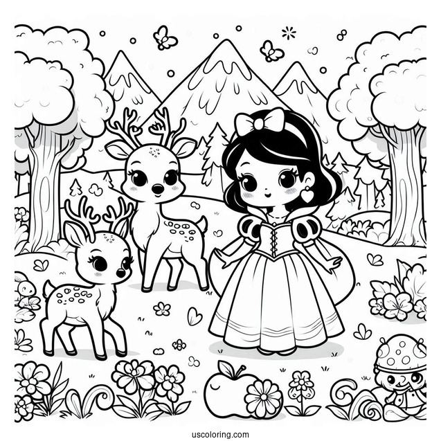 Kawaii Snow White Coloring Pages With Deer In The Forest For Preschoolers