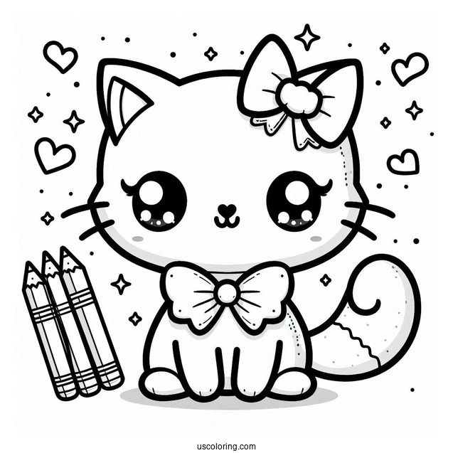 Kawaii Cat With Bow Coloring Page For Preschoolers