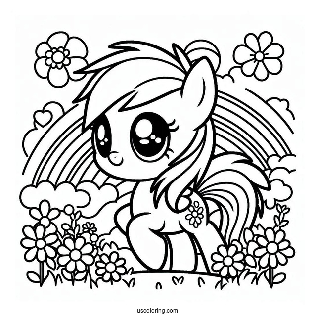 Kawaii Rainbow Dash Coloring Page In Flower Field For Preschoolers