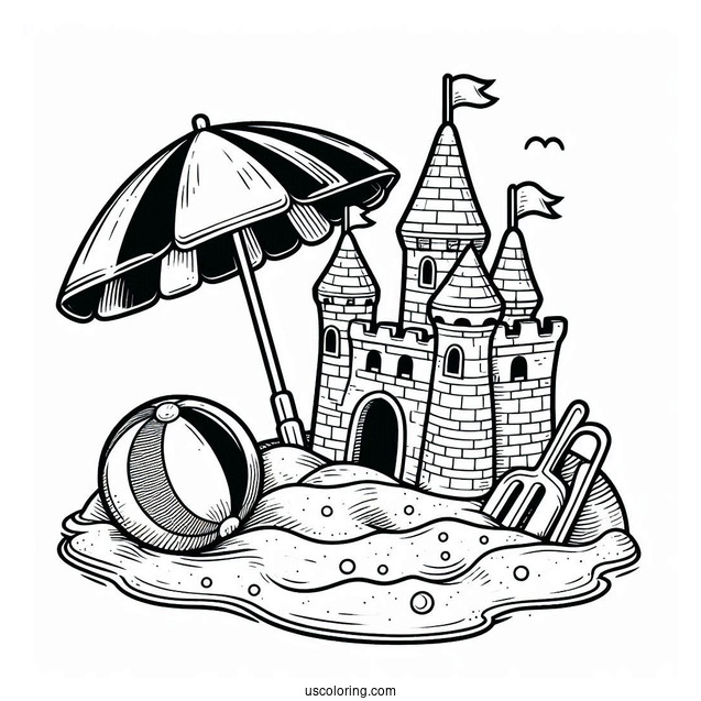 Easy Sand Castle With Umbrella And Beach Ball Coloring Sheet