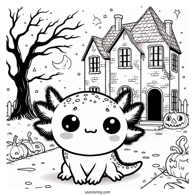 Sad Axolotl Coloring Page Outside A Haunted House