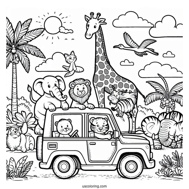 Jungle Coloring Page Of Elephant, Lion, Giraffe, Zebra, Tiger, Hippo, And Monkey Riding Car