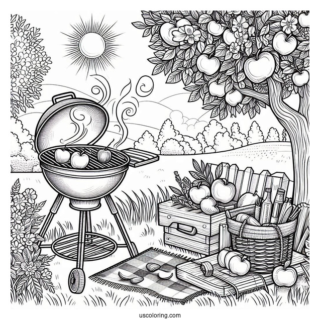 Summer Coloring Page Of Grill In The Backyard With Apples On The Grass