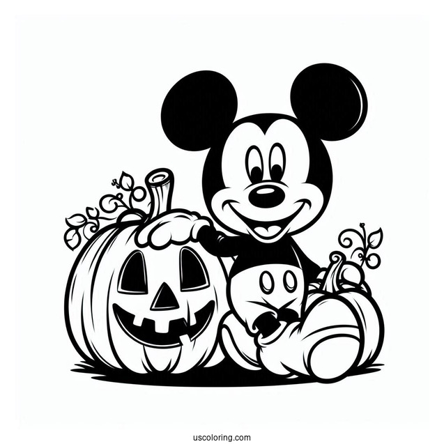 Mickey Mouse With Halloween Pumpkin Coloring Page To Color