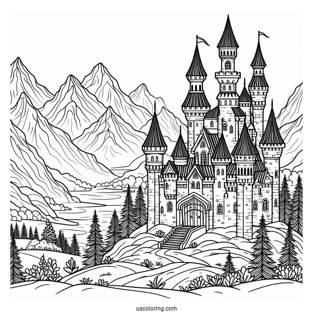 Castle Coloring Page In The Mountains