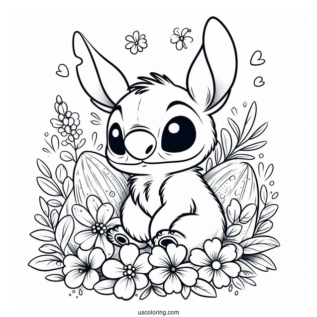 Furry Rabbit Coloring Page With Stitch Surrounded By Flowers