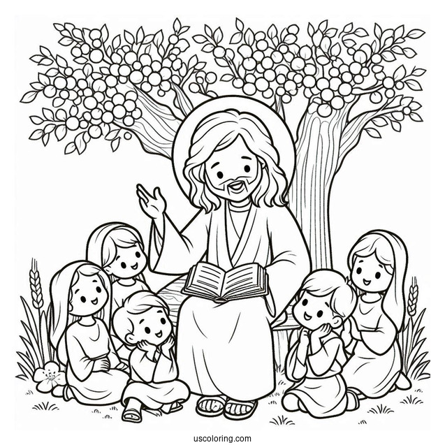 Cartoon Jesus Coloring Page Teaching Children Under The Tree For Kids