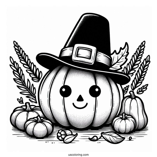 Thanksgiving Pumpkin Coloring Page Wearing Pilgrim Hat
