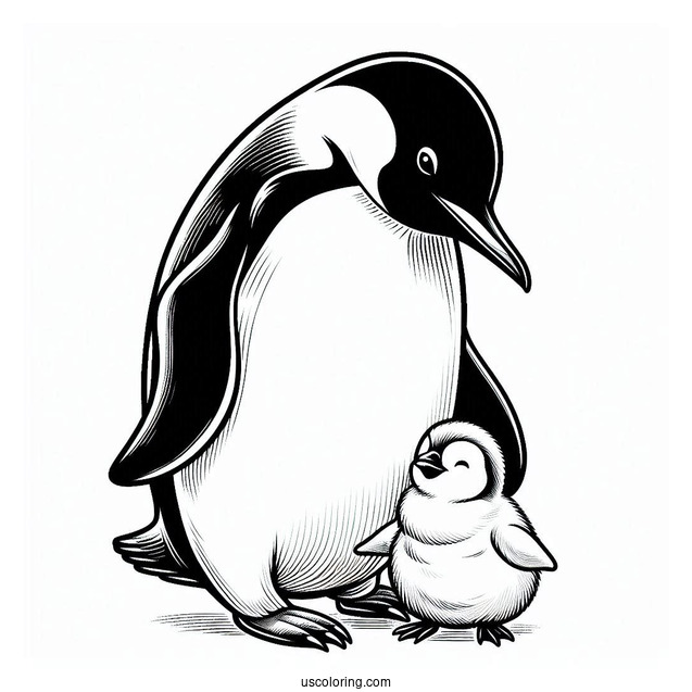 Emperor Penguin With Baby Chick Coloring In