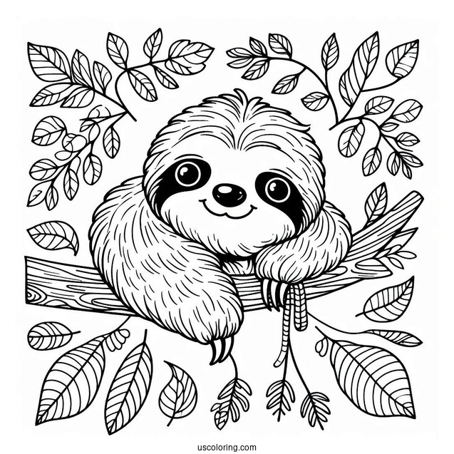 Adorable Sloth With Leaves Coloring