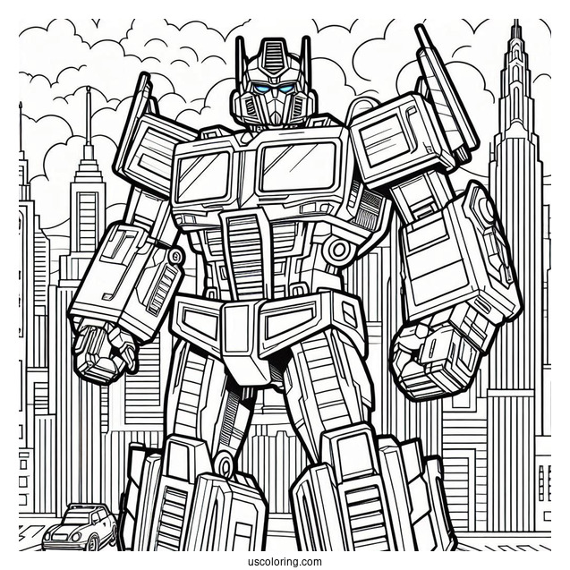Cartoon Optimus Prime Coloring Page In The City