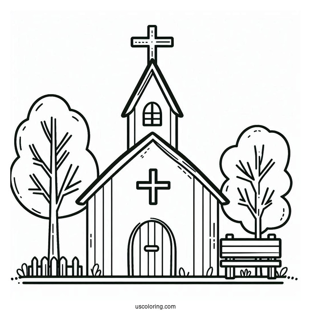 Easy Church Coloring Page Outline With A Cross For Preschoolers
