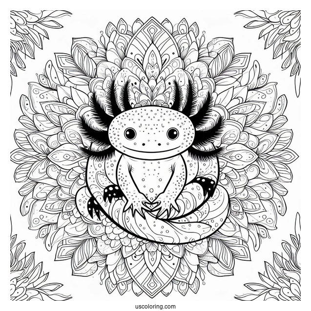 Axolotl Coloring Page At The Center Of A Flower Mandala