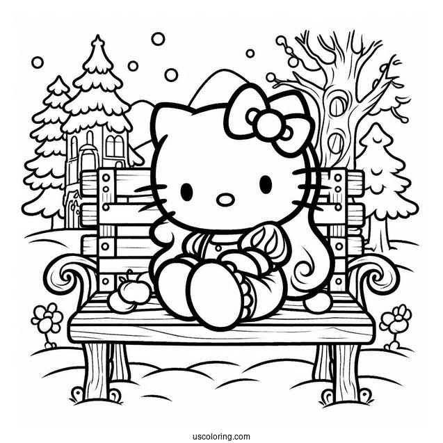 Hello Kitty Sitting On A Bench With Snow White Coloring Pages