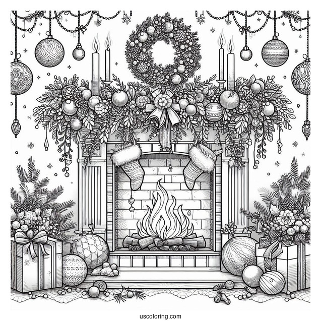 Christmas Coloring Pages For Adults Of Realistic Fireplace With Christmas Garlands And Ornaments