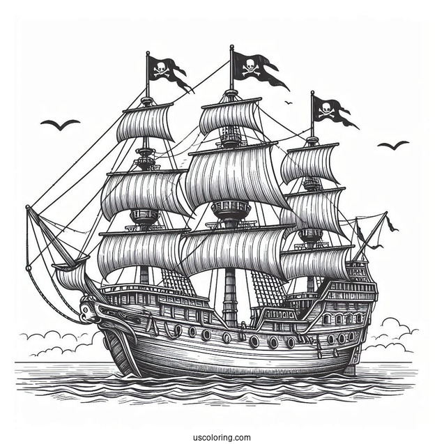 Front View Of A Realistic Pirate Ship Coloring Page