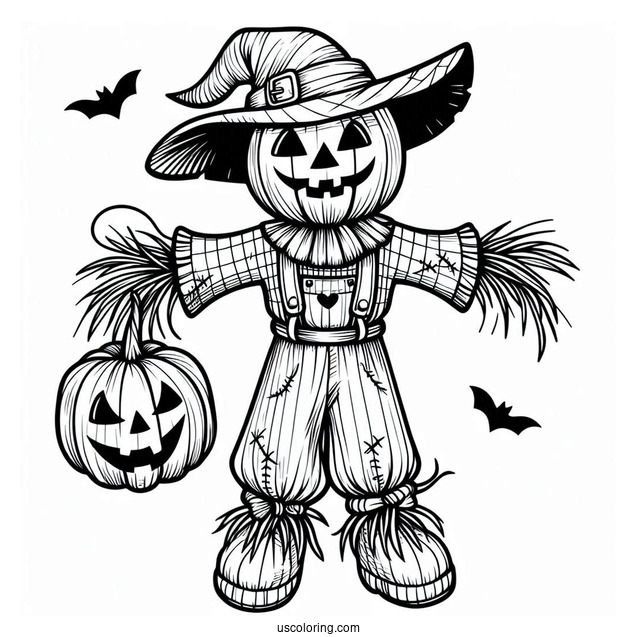 Scarecrow Coloring Page With Jack Lantern Head For Kids