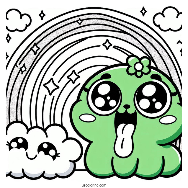 Green Rainbow Friends Coloring Page With Sparkling Eyes And Tongue Out