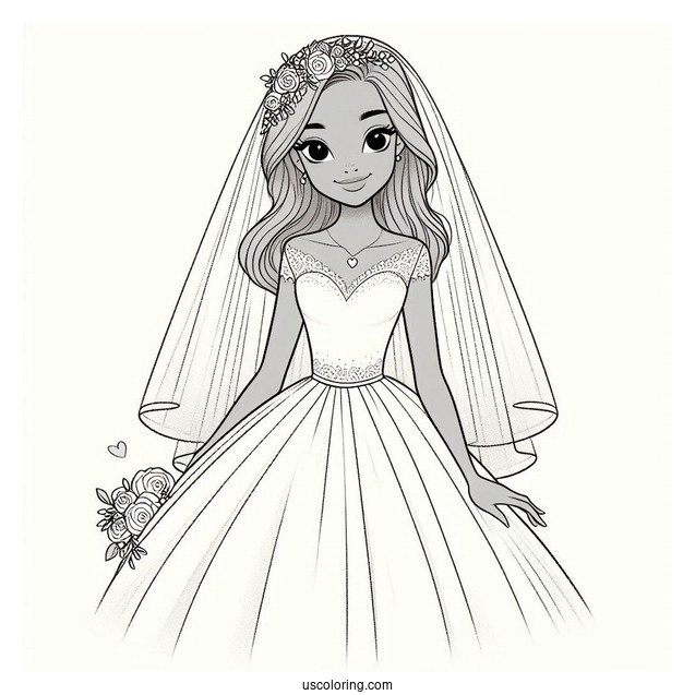 Bride Wearing Simple Dress Coloring Page With Short Veil