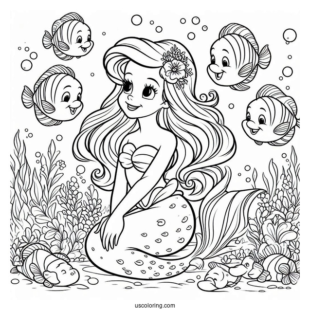 Coloring Page Of Ariel Under The Sea With Flounders