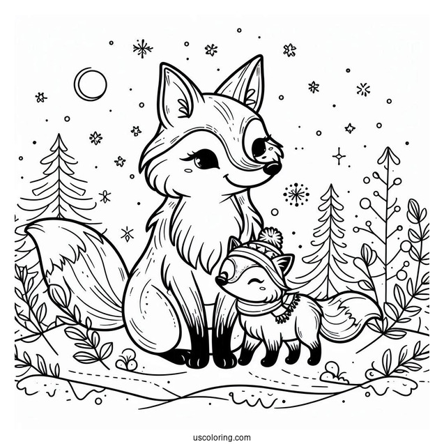 Mother Fox And Baby Fox In Winter Coloring Page For Kids