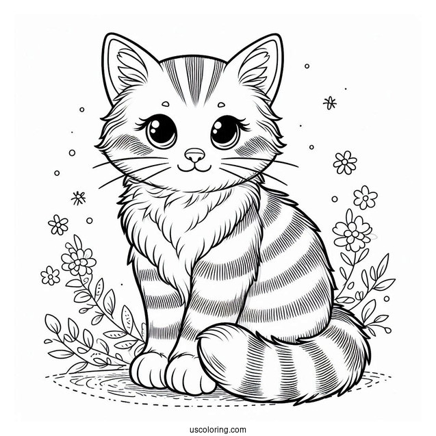 Pretty Striped Cat Sitting Coloring Sheet